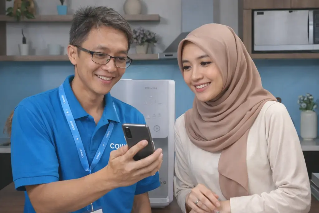 Health Planner Coway menjelaskan solusi water purifier kepada ibu rumah tangga